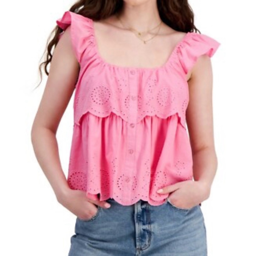 Planet Heart Top Junior Small Barbie Core Pink Embroidered Tiered Ruffle Blouse